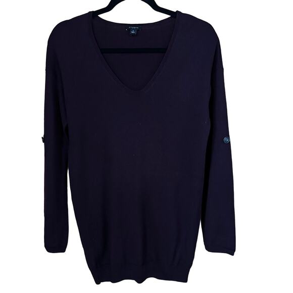 Ann Taylor 100% Extra Fine Merino Wool Dark Purple Women's Vneck  Sweater Size S - Picture 1 of 6